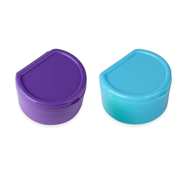 Lamoutor 2Pcs Denture Bath Case with Lid and Basket False Teeth Storage Case Box Retainer Cleaning Box((Random Color) - purple and light blue