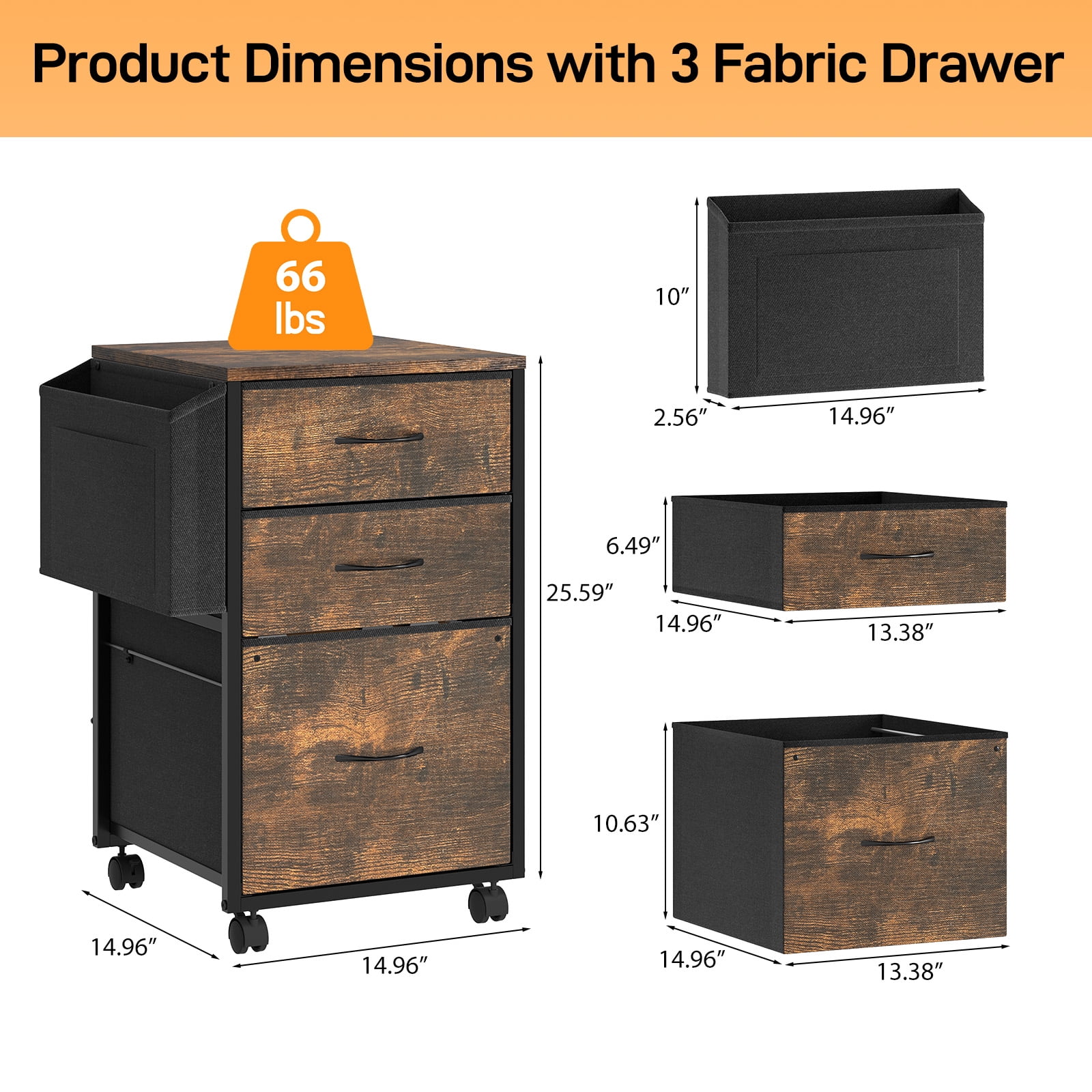 Ktaxon Rolling File Cabinet with Wheels Side Bag, Fabric Drawers Printer Stand for Home Office, Fits Letter Size, Brown