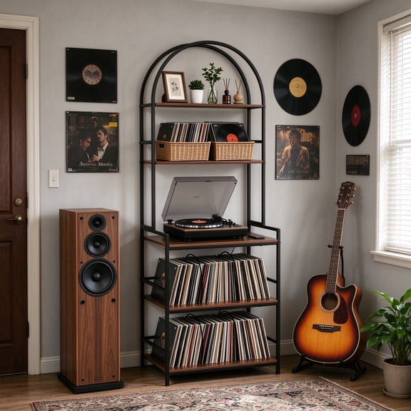 Arched 5-Tier Record Player Stand, Tall Turntable Stand with Power Outlet, Vinyl Record Storage Shelf for Living Room, Music Room