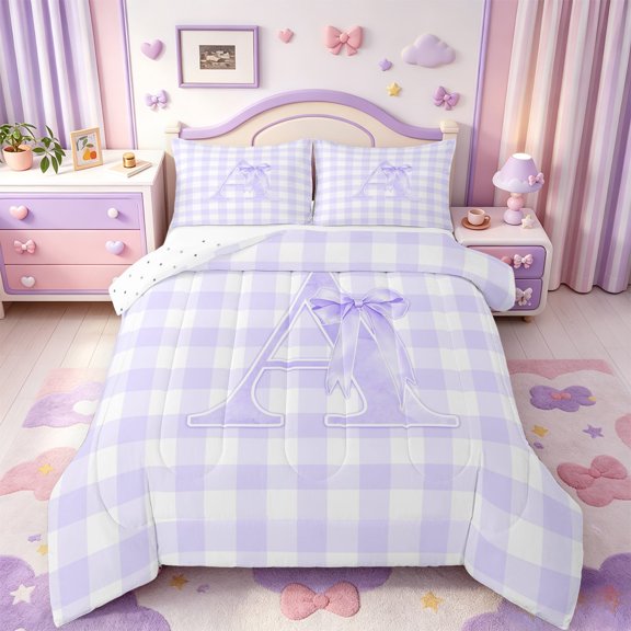 Manfei Purple Monogrammed A Design Full Size Comforter Sets,Geometric Grid Print Bedding Comforter Set,Reversible,3 Pieces,1 Comforter and 2 Pillowcases