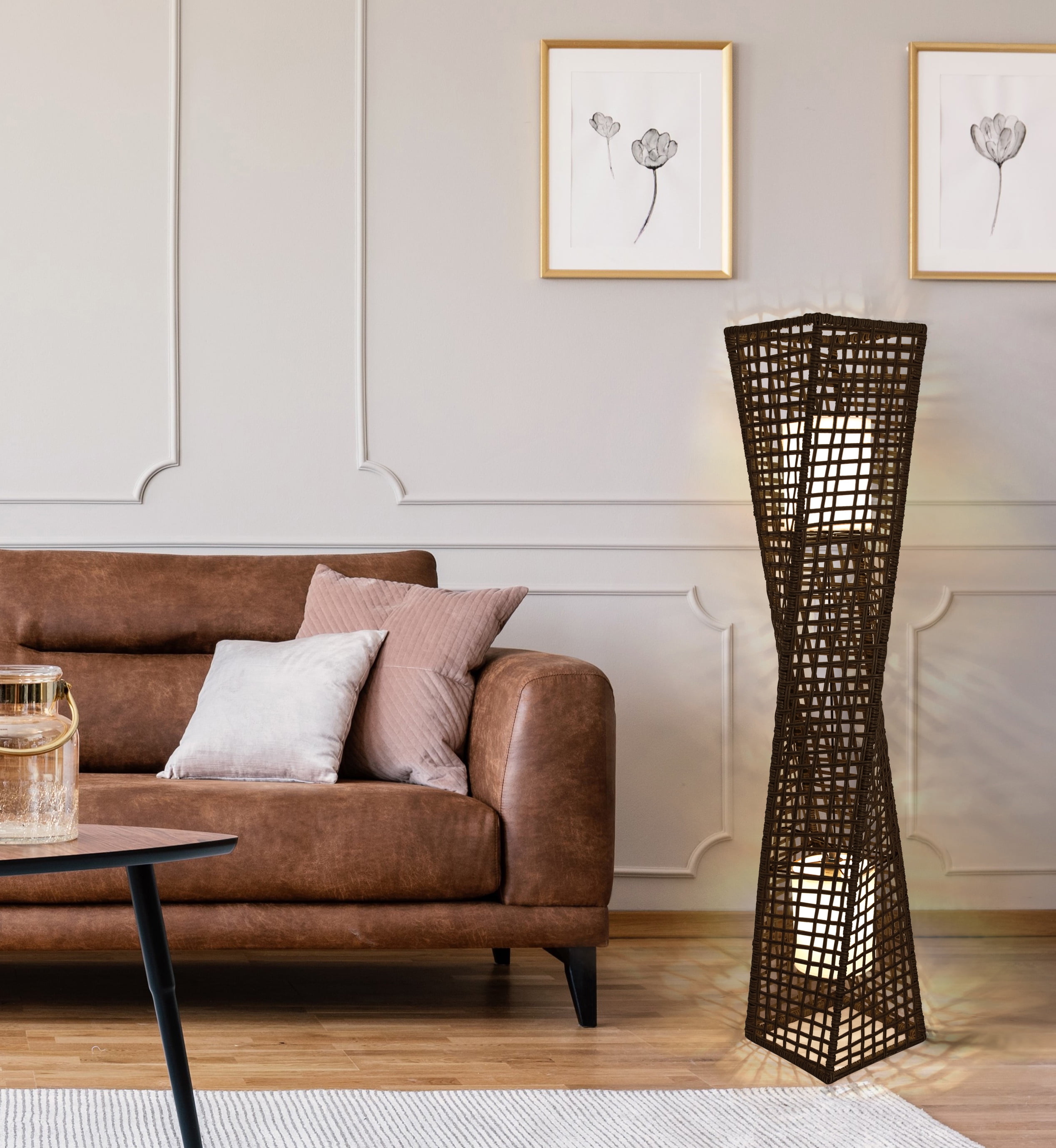 Handcrafted Dark Brown Rattan 2-Light Floor Lamp