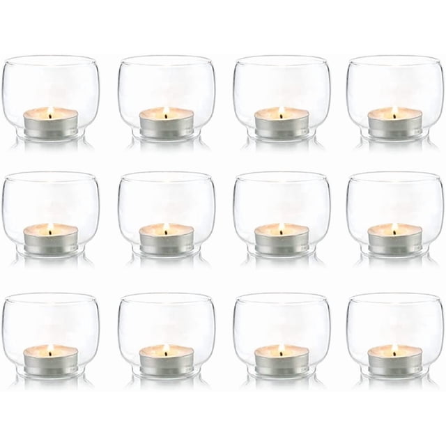 Candelabros votivos de Vidrio Transparente para Huracanes, 2.35 x 2.15 Pulgadas, Juego de 12 candelabros para Velas LED y sin Perfume