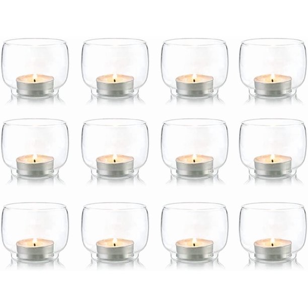 Candelabros votivos de Vidrio Transparente para Huracanes, 2.35 x 2.15 Pulgadas, Juego de 12 candelabros para Velas LED y sin Perfume