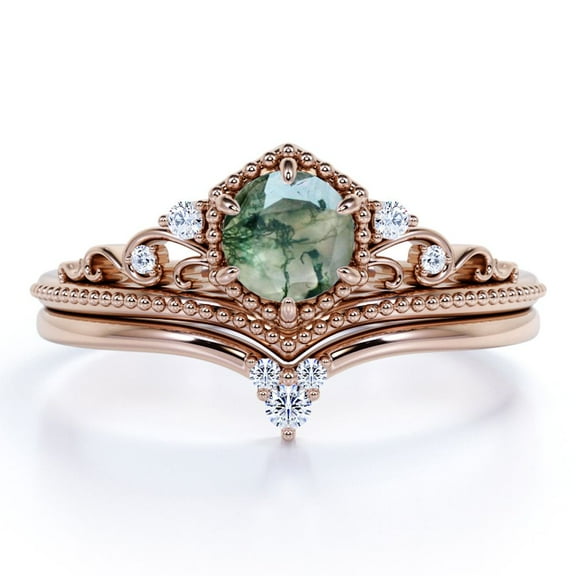 JeenMata 0.6 Carat 6 Prong Hexagon Milgrain Crown Round Shape Genuine Druzy Moss Green Agate And Moissanite Chevron Wedding Ring Set In 18K Rose Gold Plating Over Silver