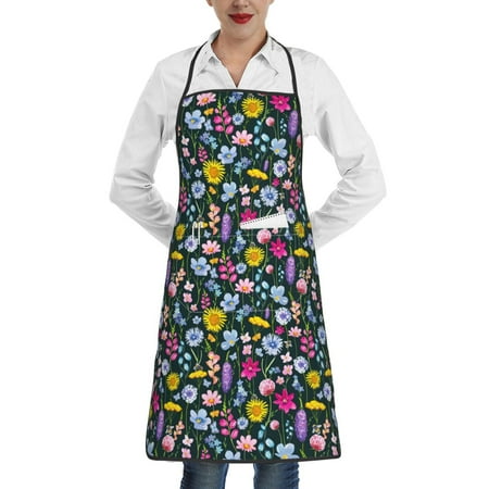 

Gaeub Watercolor Meadow Flowers Kitchen Cooking Aprons Adjustable Bib Apron Waterdrop and Oil Resistant Kitchen Chef Apron for Women Men