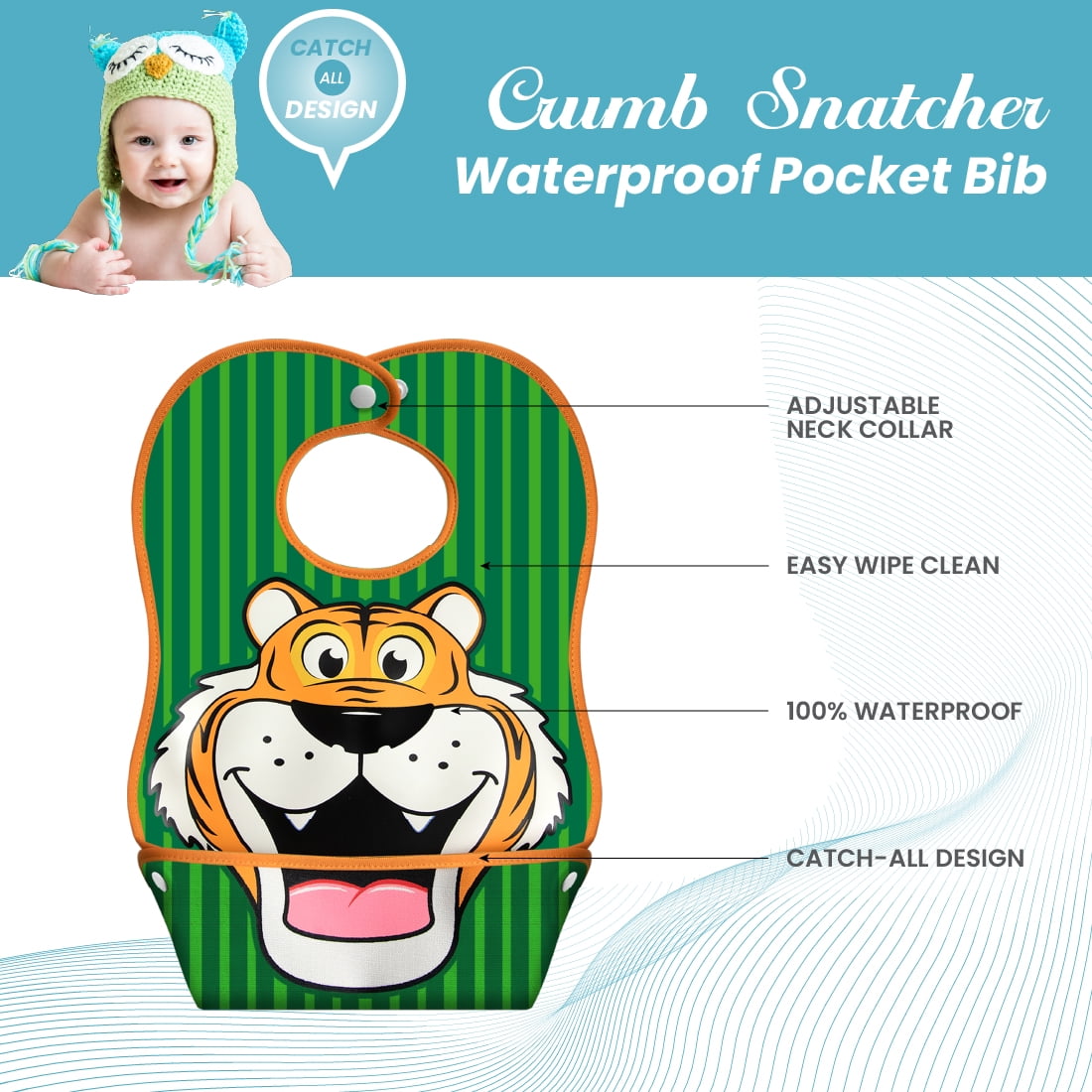 LA Baby Crumb Snatcher Waterproof Pocket Bib Large, Catch-All Pocket Design, Hippo