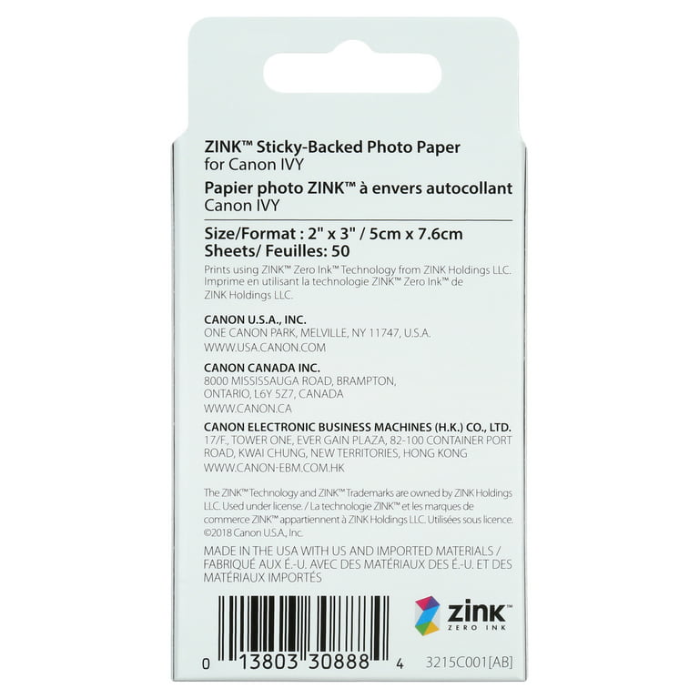 Canon ZINK 2 X 3 Sticky-Back Photo Paper, 50 Sheets/Pack (3215C001)