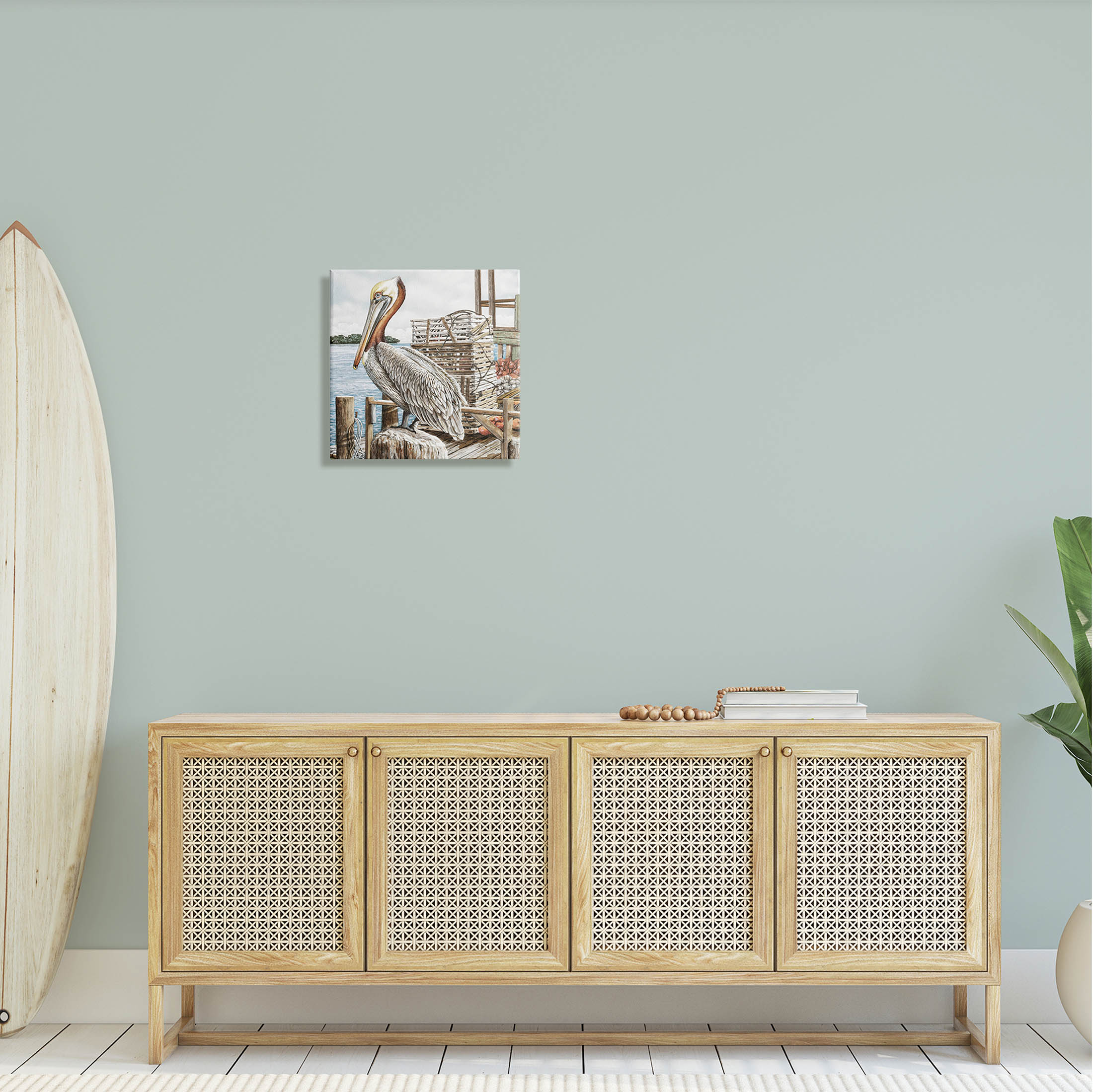 Pelican Perched Summer Fishing Dock Animals & Insects Painting Gallery Wrapped Canvas Print Wall Art