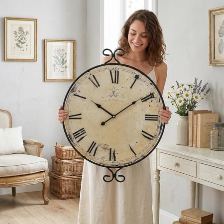 MODE HOME 30 Inch Large Farmhouse Wall Clock, Silent Battery Operated Retro Gold Wrought Iron Clock, Vintage Decorative Timepiece for Home Decor