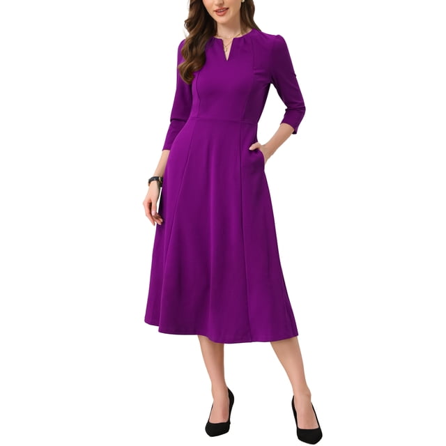 Vestido de trabajo para mujeres INSPIRE CHIC, corte A, mangas 3/4, vestido midi elegante, morado oscuro, talla S