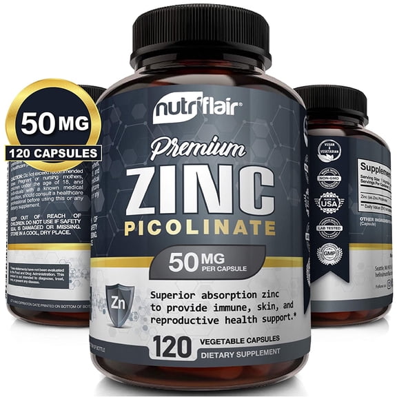 NutriFlair 50mg Zinc Picolinate Supplement for Immune Support, Skin, Mood, & Brain Health, 120 Caps