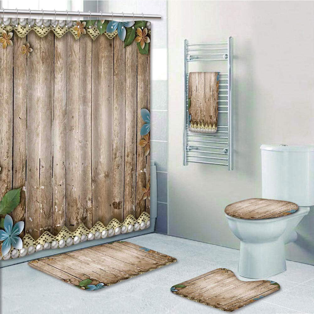PRTAU Pearls Rustic Wooden Surface with Flowers Pearls