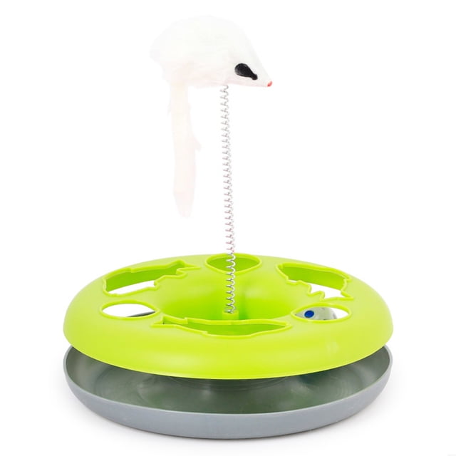 Juguete interactivo para gatos 2 en 1 con ratón, resorte giratorio y pelota