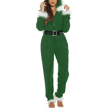 

2022 Christmas Women Hooded Jumpsuit New Autumn Winter Home Wear Feather Fur Hem Hooded Overalls with Belt Santa Claus Cosplay Romper