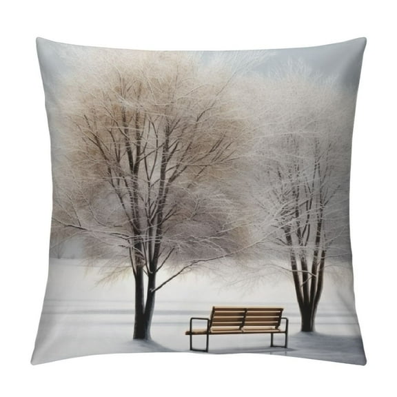 Creowell Bench in The Snow is Against Two Trees Winter,Printed Throw Pillow Square Decorative Pillow for Sofa, Chair, Daybed, White and Brown