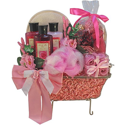 Pretty in Pink Bathtub Spa Bath and Body Gift Basket Set (Rose) 