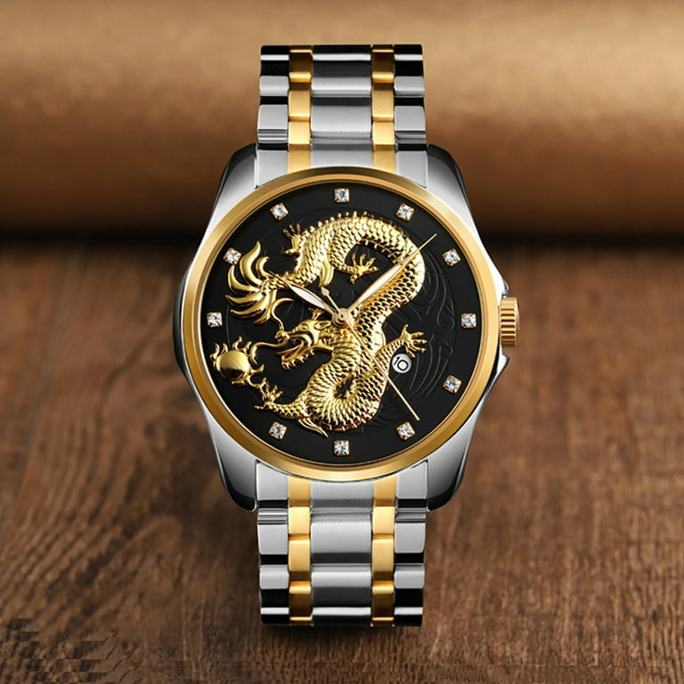 Bluethy SKMEI Men 3D Embossed Dragon Calendar Luminous Stainless Steel Band Quartz Watch