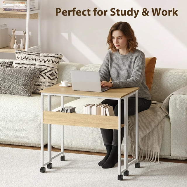 EastVita 28 Inch Folding Desk with Storage Shelf,Iron Frame,on Wheels,Easy Assembly,Foldable Computer Table for Home Office,Wood