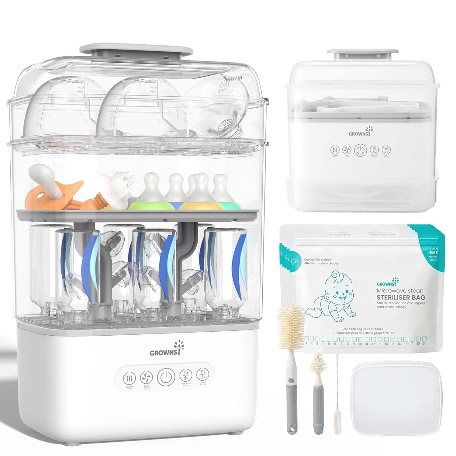Grownsy 3 Layers Large Bottle Sterilizer and Dryer, Holds 6 to10 Bottles, Nesting Design Sterilizer Bags Bottle Brush Included