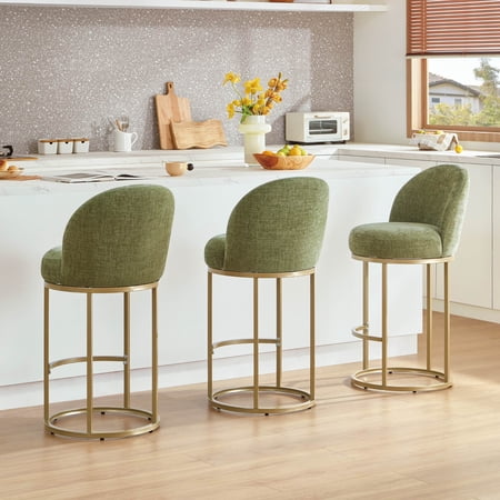 ReNest 27" Swivel Bar Stools Set of 3, Upholstered Counter Height Stools with Footrest & Gold Metal Base, for Kitchen Island & Home Bar, Sage Green Fabric