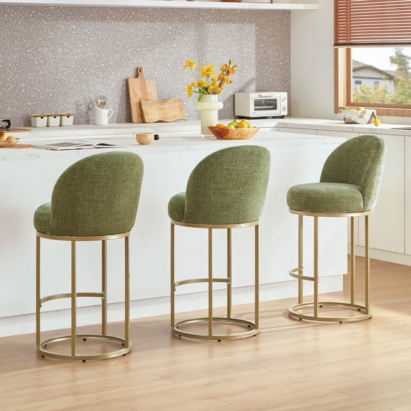 ReNest 27" Swivel Bar Stools Set of 3, Upholstered Counter Height Stools with Footrest & Gold Metal Base, for Kitchen Island & Home Bar, Sage Green Fabric
