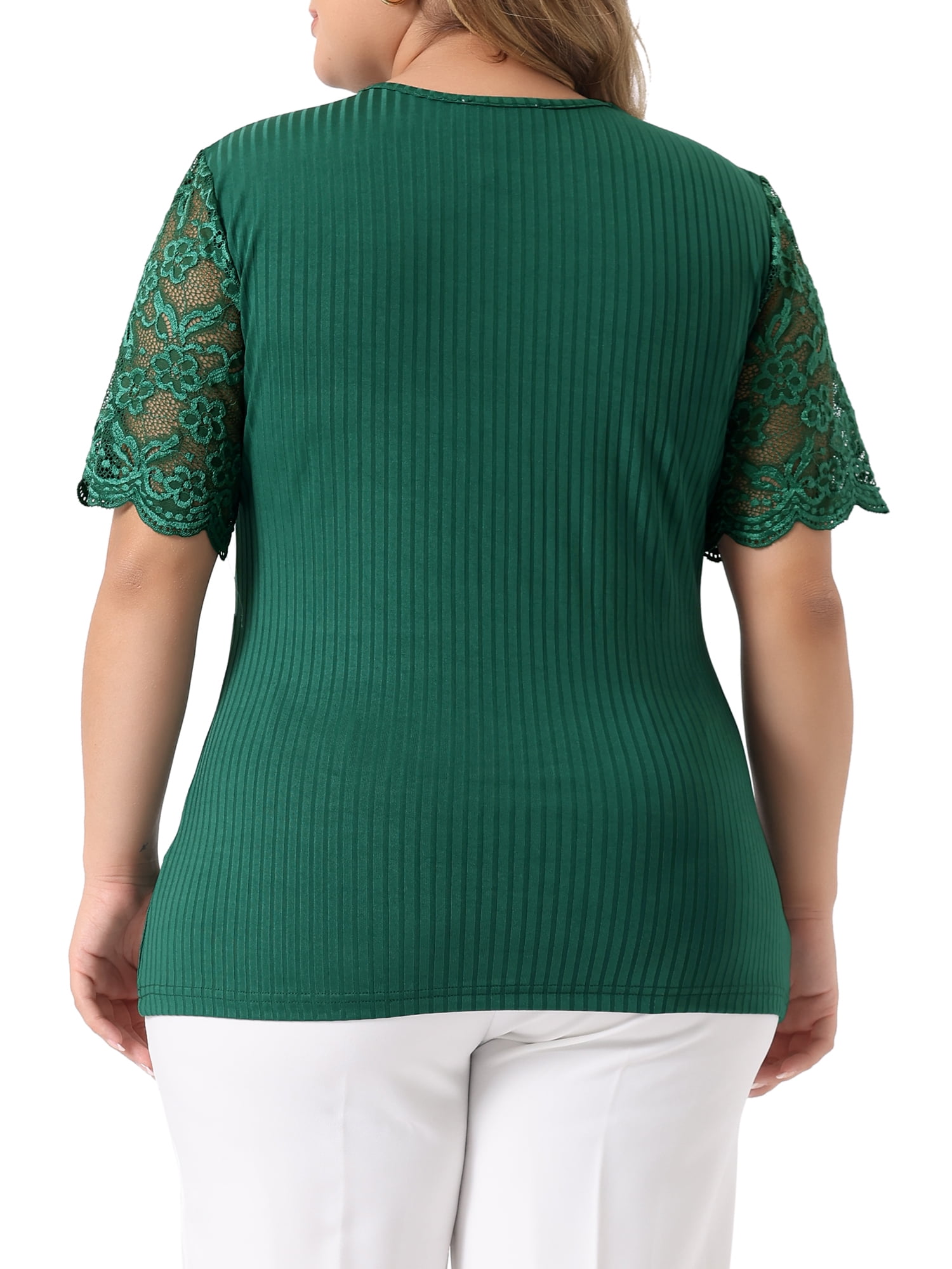 Unique Bargains Women's Plus Size Tops V Neck Elegant Lace Ribbed Knit Tunic Blouse 1X Green