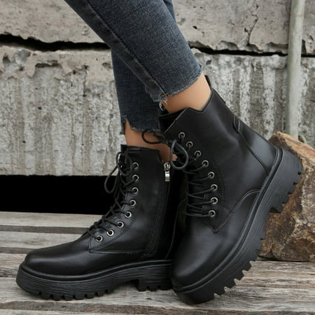 Daznico Women s Combat Boots Women Solid Autumn Square Heels Lace Up Short Booties Round Toe Shoes Size 7