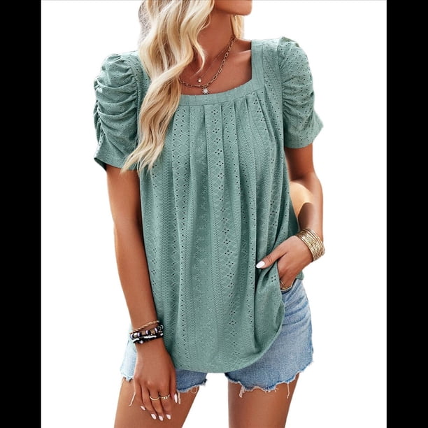 Camisetas de Punto Holgadas Informales de Corta con Pliegues y Cuello Cuadrado para Mujer, Blusas de Punto de Color Liso Judías XL