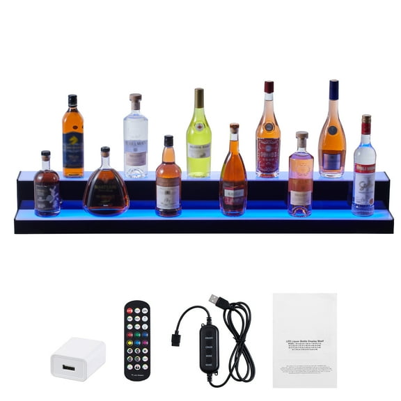 KFFKFF LED Illuminated Bottle Display, 2-Level 48" Bar Shelf for Home & Commercial Use, Acrylic Beverage Rack with RF Remote & App, Multicolor Lights
