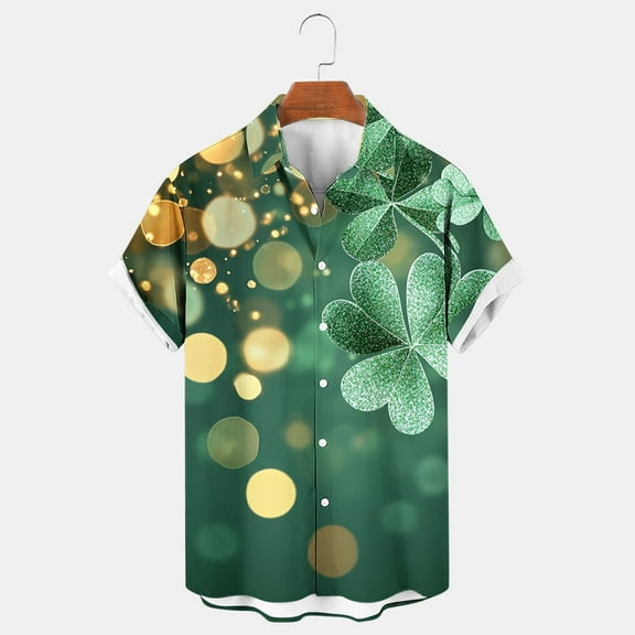cllios Happy St Patricks Day Mens Hawaiian Shirts Big and Tall Button Down Shirt Irish Shamrock Lucky Tee Tops Short Sleeve Summer Beach Aloha Party Top