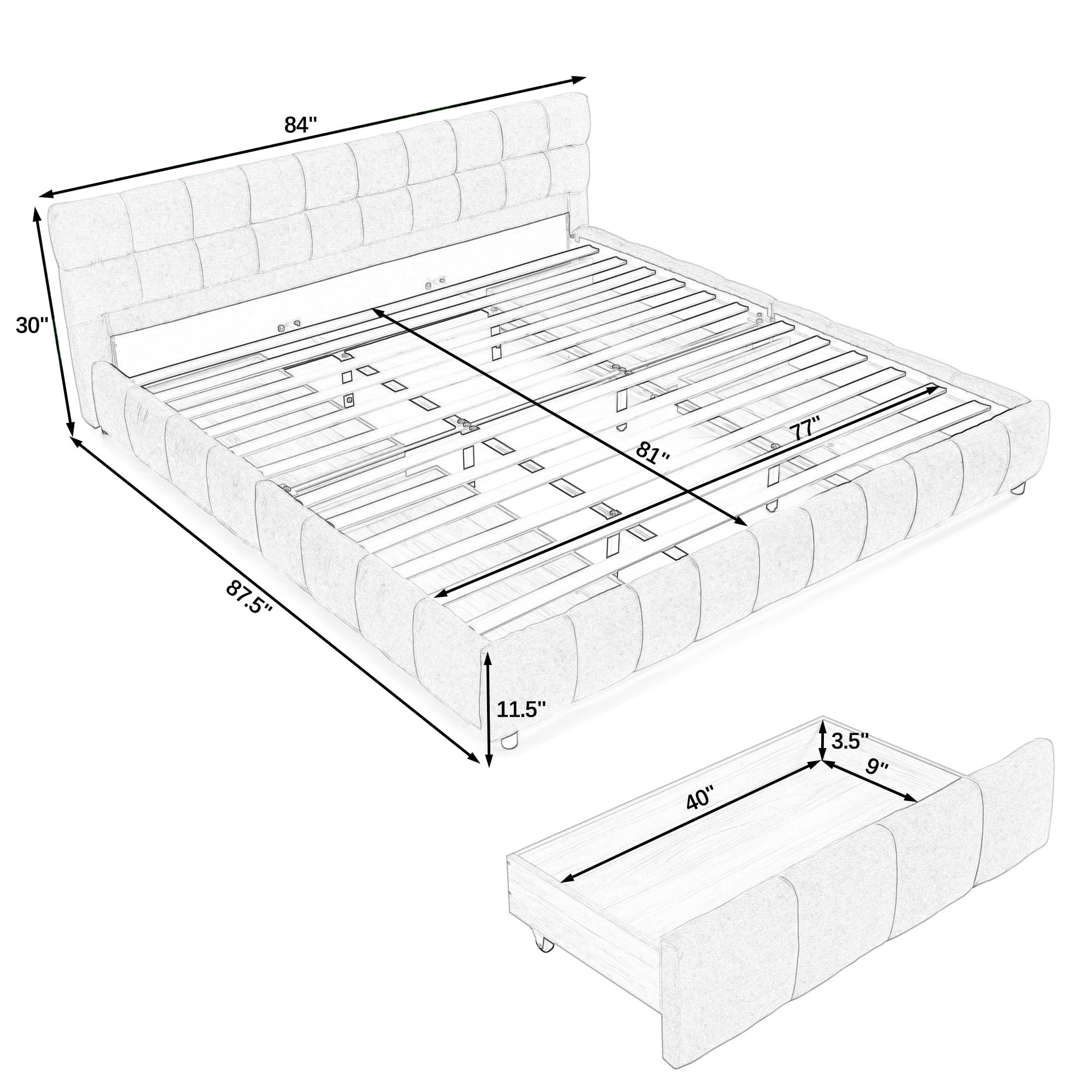 Howcool King Size Upholstered Platform Bed Frame with 4 Storage Drawers,Tufted Headboard,Chenille Low-profile Bed with Wooden Slats,No Box Spring Needed,Blue+Green