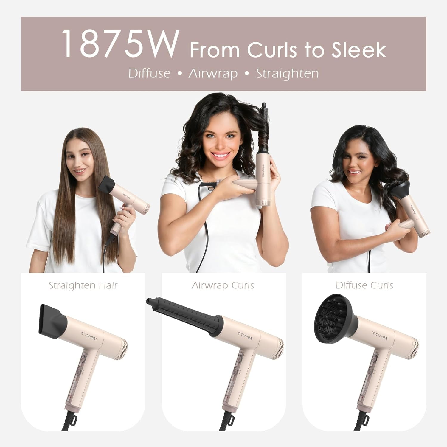 TOME Hair Dryer with Diffuser 1875W High Speed Ionic Blow Dryer 110000 RPM with Air Curling Wands Nozzle,Pink