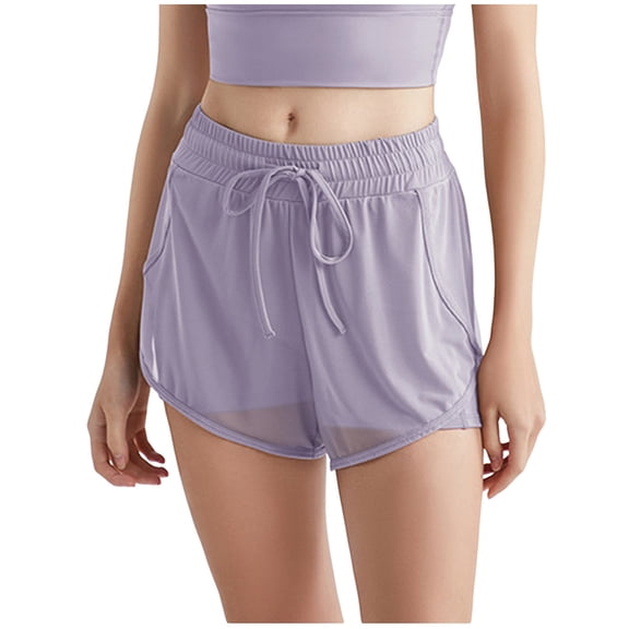 Lenpel Running Shorts for Women Lightweight Elastic High Waisted Drawstring Mesh 2 in 1 Workout Yoga Shorts Casual Athletic Shorts