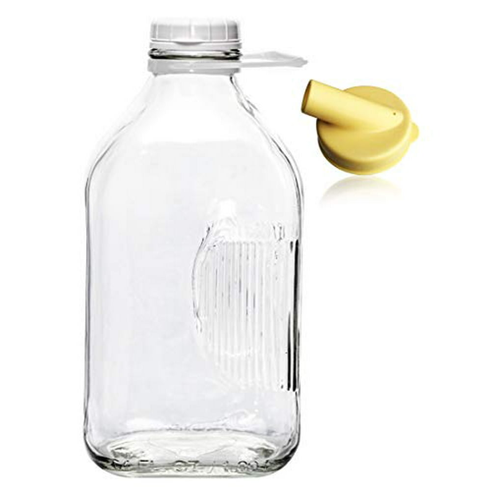 The Dairy Shoppe Heavy Glass Milk Bottle 64 Oz Jug (2 Quart) with Extra Lid and NEW Pour Spout