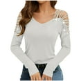 thumbnail image 2 of Summer Oversize Tops For Women Solid Colort V-Neck Off The Shoulder Long Sleeve Casual Gym Workout Clothes White XL, 2 of 9