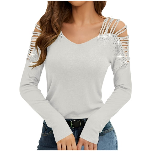 Kaemgyyd Women's Cold Shoulder Tops Fall Fashion Long Sleeve Sparkly Shirt Solid Soft V Neck Tee Blouse Spring Clothes