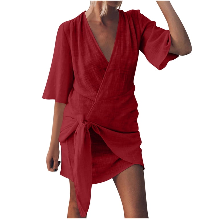 Women Lightweight Linen T Shirt Dress Wrap V Neck Ruched Side Tie Knot  Casual Solid Color Breathable Summer Outfits - Walmart.com