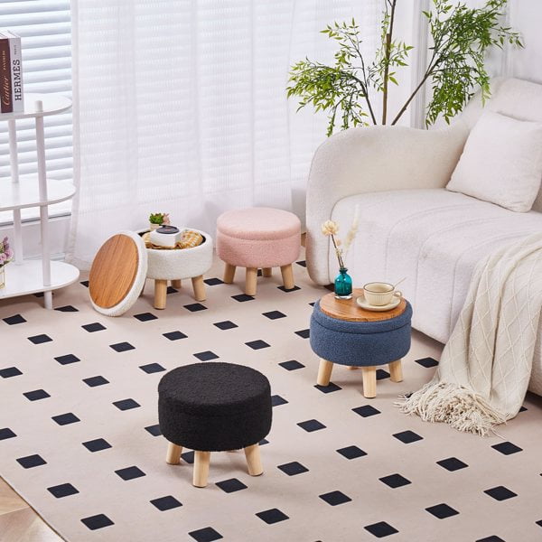 Storage Ottoman, Modern Round Footrest with Soft Padded Seat, Teddy Velvet Footstool with Wood Legs, Accent Small Table or Plant Stand for Hallway, Living Room (Black)