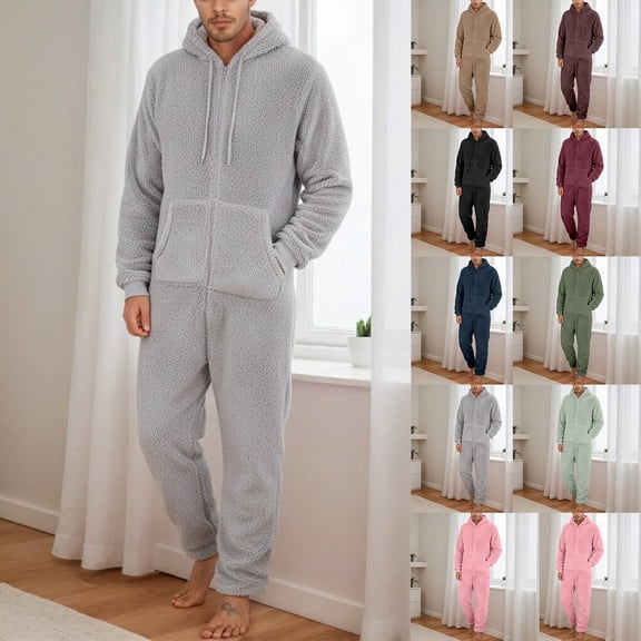 Men's Hooded Onesie Pajamas Lightweight Fuzzy Fleece Zip Up Jumpsuit Long Sleeve One Piece Pjs Romper Warm Loungewear with Pocket