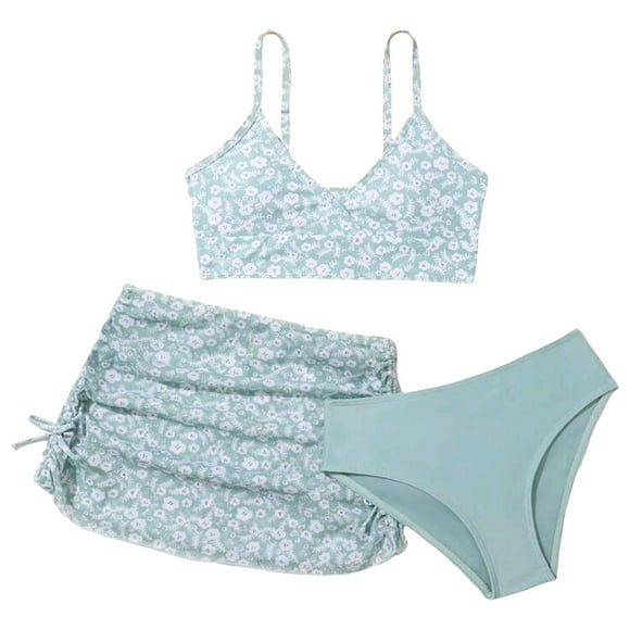 GDREDA Maillots de Bain 3 Pcs pour Fille Feuille Fleur Décontracté Imprimé Bikini Séparé Maillot de Bain pour Enfants Filles Short de Bain Taille Haute Vert Clair,10-11 Ans