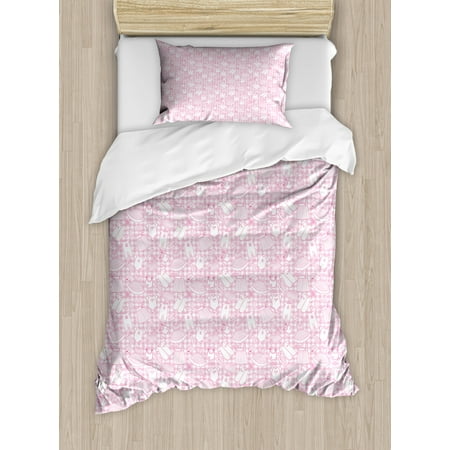 Matching Crib And Twin Bedding Sets Baby Duvet Cover Set, Newborn Girl Clothes with Checkered Background Hearts Stars Flowers Dresses and Hats, Decorative Bedding Set with Pillow Shams, Pink White, by Ambesonne ()