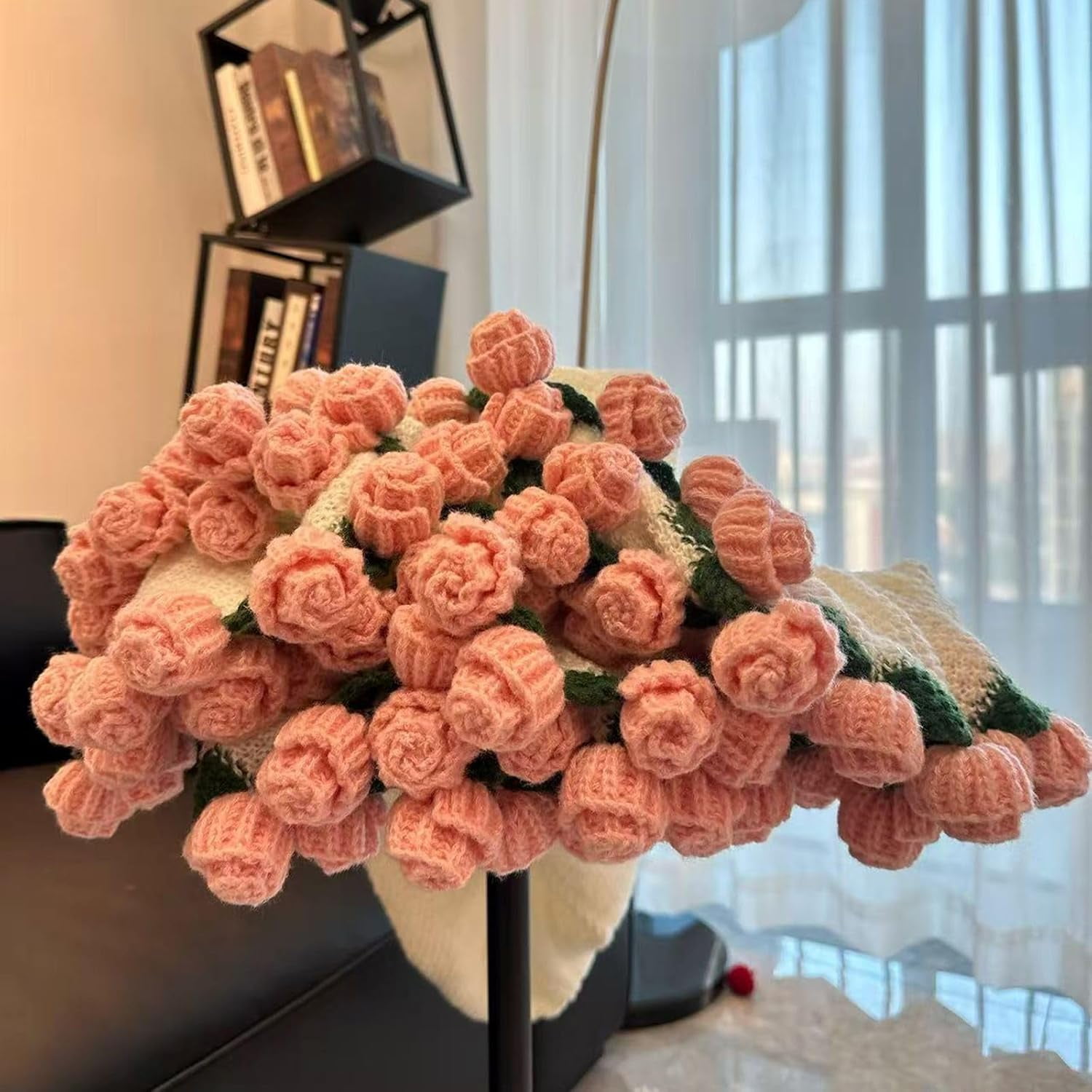 Pekkaxy Handmade Crochet Rose Bouquet Blanket, Soft Knit Throw for Bed Sofa Couch, Decorative Flower Blanket for Valentines, Birthday, Wedding Gift, 3 Sizes