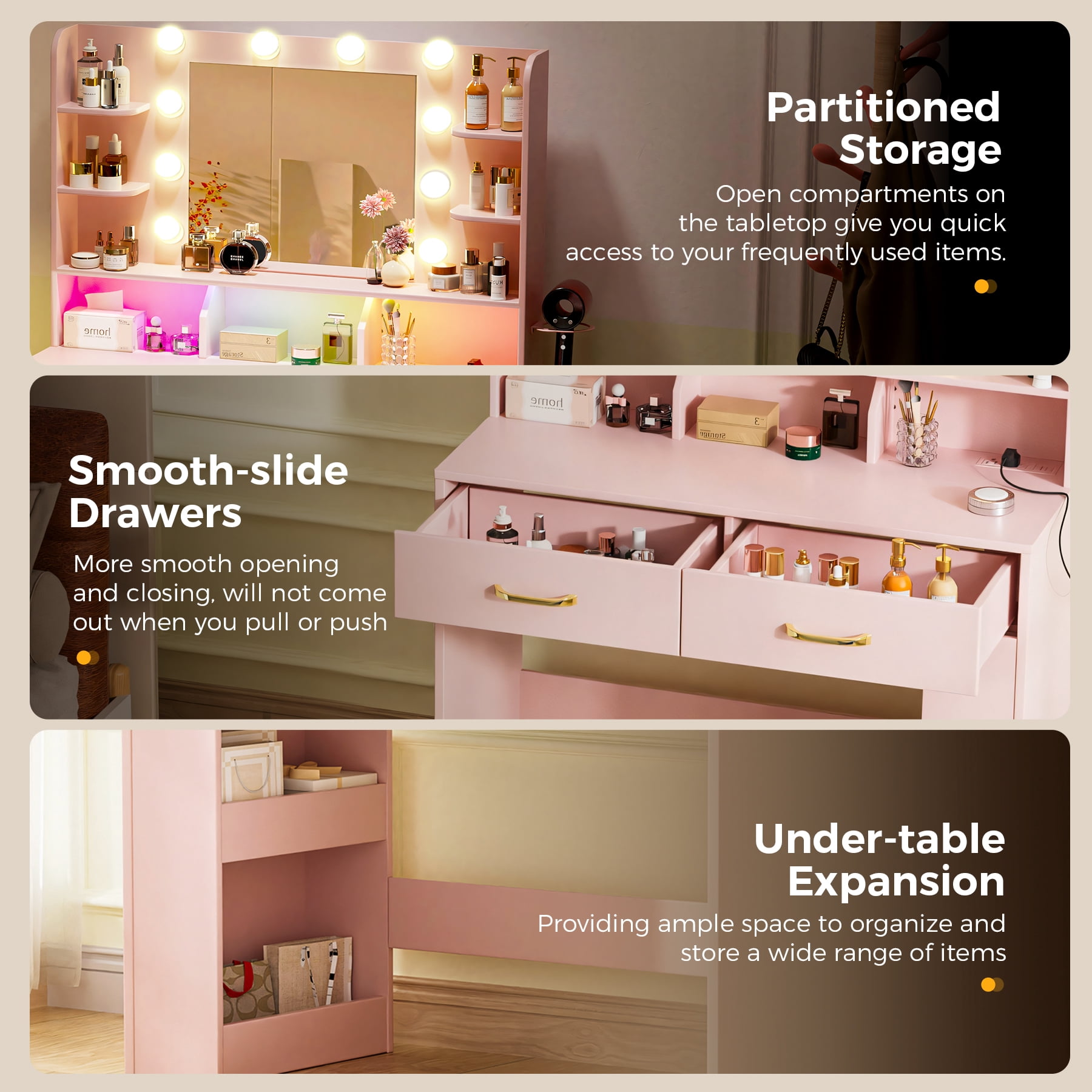 COMHOMA Pink Vanity Desk with Mirror and Lights, Hairdryer Holder, 5 Drawers, Bedroom Dresser Table for You