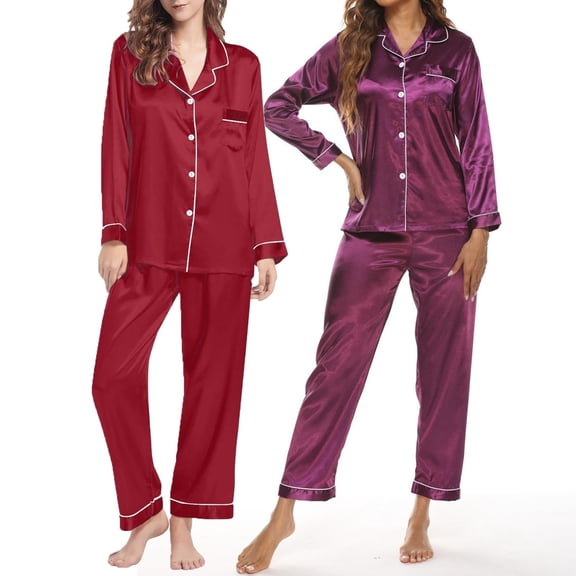 Pxiakgy Pajamas for Women Set Lady's Autumn Pajamas Long Sleeve Shirt Set Solid Color Casual Small Lapel Cardigan Wear Satin Pajama Set for Women Z-Purple1 M