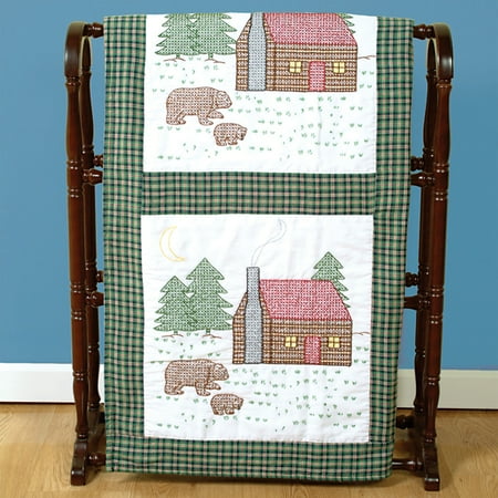 Jack Dempsey Cabin And Bears Stamped White Quilt Blocks, 18" x 18