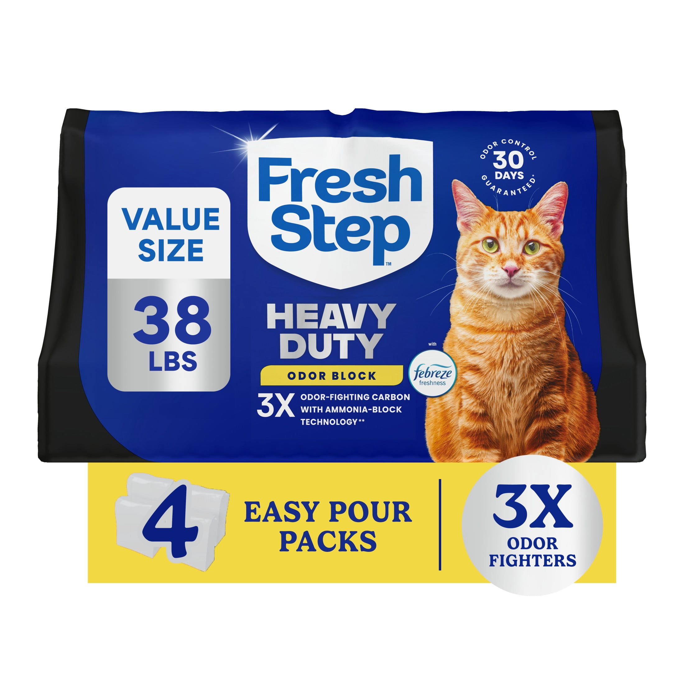 (4 pack) Fresh Step Heavy Duty Odor Block Multi-Cat Clumping Cat Litter, Febreze Freshness Scent, 38 lb, Easy Pour Pouches (4 Pack)