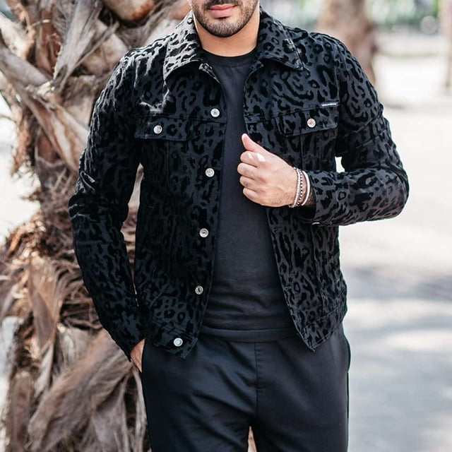 Chaqueta con estampado de leopardo para hombre Tendencia de moda Casual Chaqueta superior de manga larga con estampado de leopardo de un solo pecho Negro S