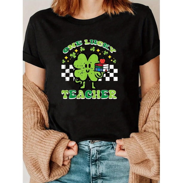 St. Patrick's Day Cartoon Four Leaf Clover Printing Classic Cotton T-Shirt With Comfortable Crew Neck – Soft Touch Fabric For Everyday Style And All-Day Comfort