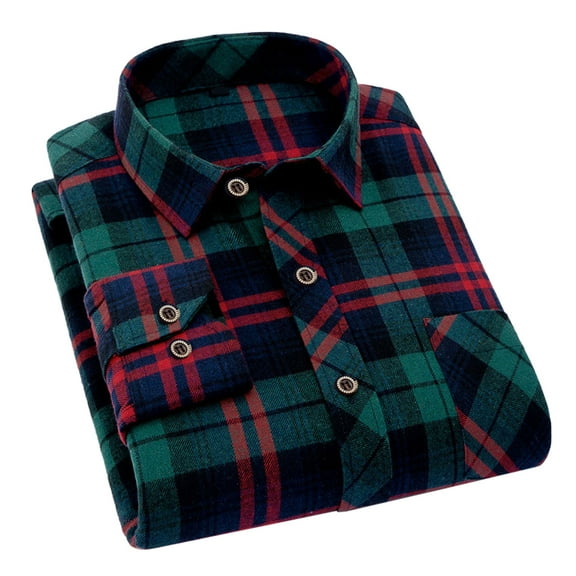 Men Plaid Shirt Turn Down Collar Long Sleeve Single Row Button Classic Top for Male Boys Green Red XXLQuickwittc