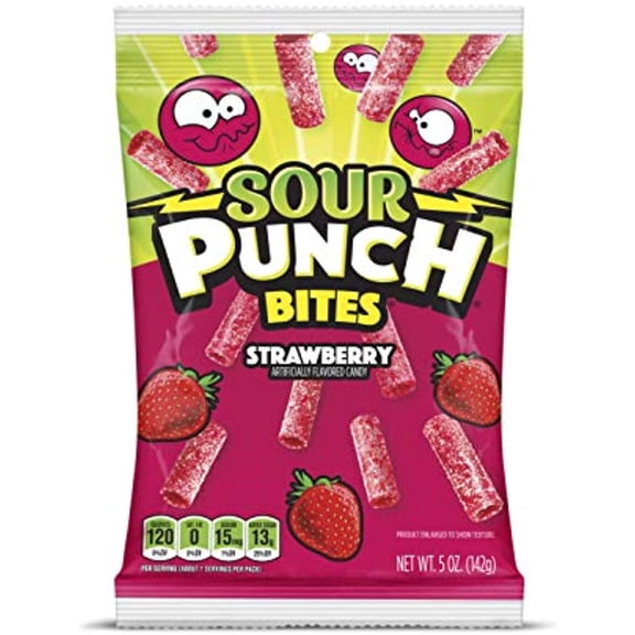 Sour Punch Bites, Sweet Strawberry Fruit Flavor,Soft & Chewy Candy, 5 Ounce Bag, Pack Of 12
